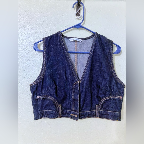 Zara Jackets & Blazers - ZARA Denim XL 20” p2p V-Neck Crop-Top Cotton Vest dark wash NWOT 3216/212/401